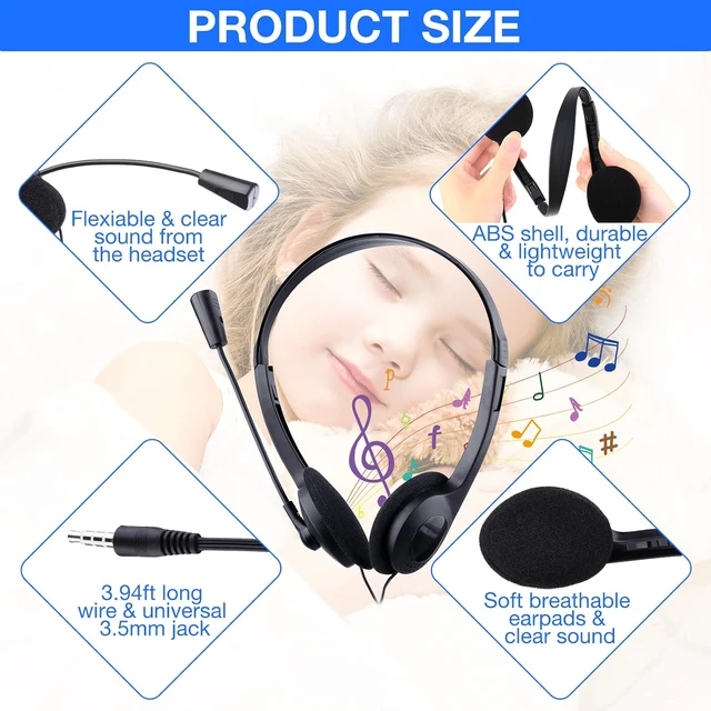 Alt view image 3 of 6 - 30 Pack Classroom Headphones with Mic, Black, Plastic Stem