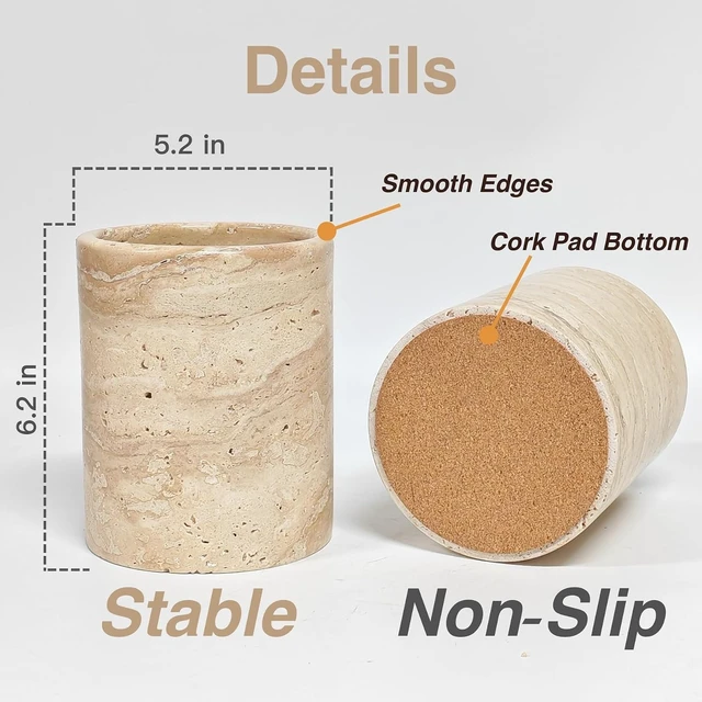 Alt view image 2 of 7 - Natural Travertine Utensil Holder for Kitchen Countertop Heavy & Stable Real Stone Utensil Crock, Large Spoon & Spatula Organizer, Rustic Premium Kitchen Decor, Housewarming Gift, Beige