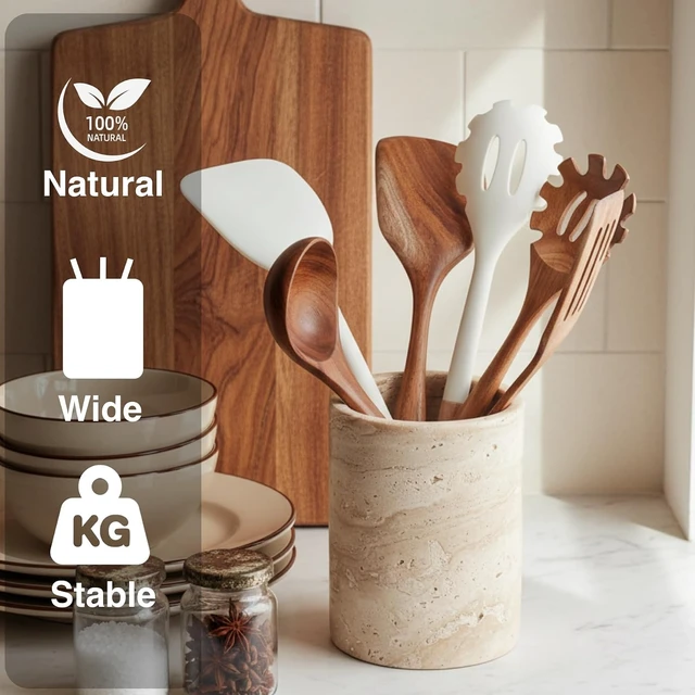 Alt view image 3 of 7 - Natural Travertine Utensil Holder for Kitchen Countertop Heavy & Stable Real Stone Utensil Crock, Large Spoon & Spatula Organizer, Rustic Premium Kitchen Decor, Housewarming Gift, Beige