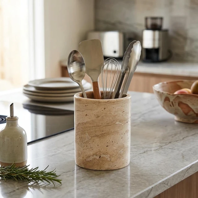 Alt view image 4 of 7 - Natural Travertine Utensil Holder for Kitchen Countertop Heavy & Stable Real Stone Utensil Crock, Large Spoon & Spatula Organizer, Rustic Premium Kitchen Decor, Housewarming Gift, Beige