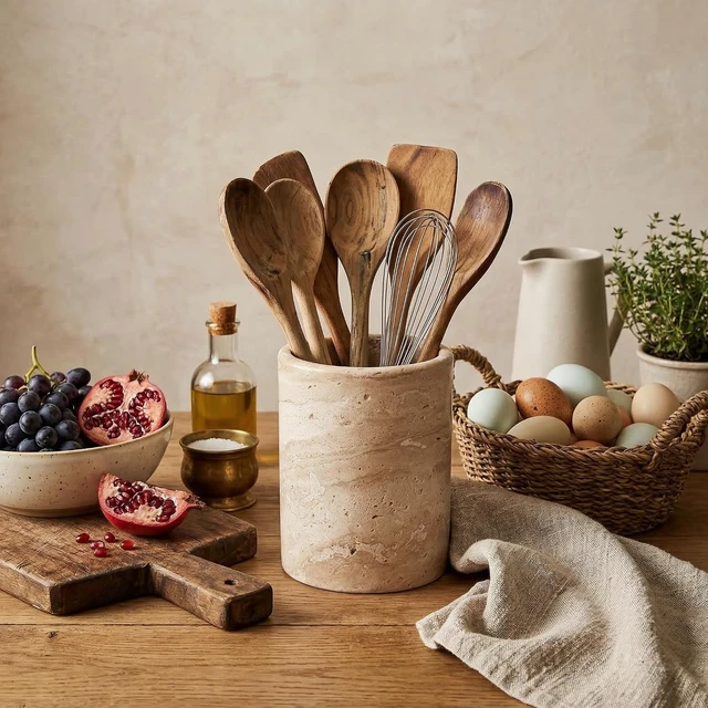 Alt view image 5 of 7 - Natural Travertine Utensil Holder for Kitchen Countertop Heavy & Stable Real Stone Utensil Crock, Large Spoon & Spatula Organizer, Rustic Premium Kitchen Decor, Housewarming Gift, Beige