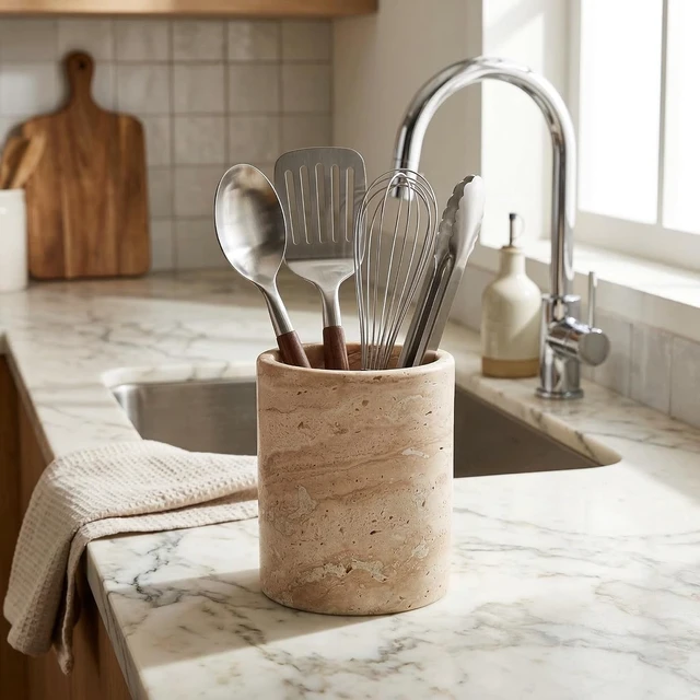 Alt view image 6 of 7 - Natural Travertine Utensil Holder for Kitchen Countertop Heavy & Stable Real Stone Utensil Crock, Large Spoon & Spatula Organizer, Rustic Premium Kitchen Decor, Housewarming Gift, Beige