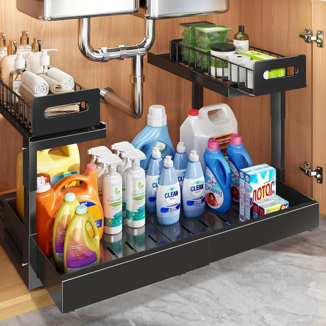 Main image of 1 Pack Expandable Under Sink Organizers And Storage With Upgrade Ball-Bearing Slide Tracks,2-Tier Pull Out Under Cabinet Organizer Height Adjustable,Slide Out Under Sink Drawers-Black(Patent Pending)
