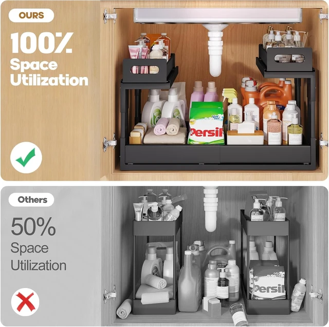 Alt view image 4 of 7 - 1 Pack Expandable Under Sink Organizers And Storage With Upgrade Ball-Bearing Slide Tracks,2-Tier Pull Out Under Cabinet Organizer Height Adjustable,Slide Out Under Sink Drawers-Black(Patent Pending)