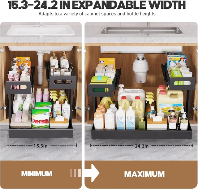 Alt view image 7 of 7 - 1 Pack Expandable Under Sink Organizers And Storage With Upgrade Ball-Bearing Slide Tracks,2-Tier Pull Out Under Cabinet Organizer Height Adjustable,Slide Out Under Sink Drawers-Black(Patent Pending)