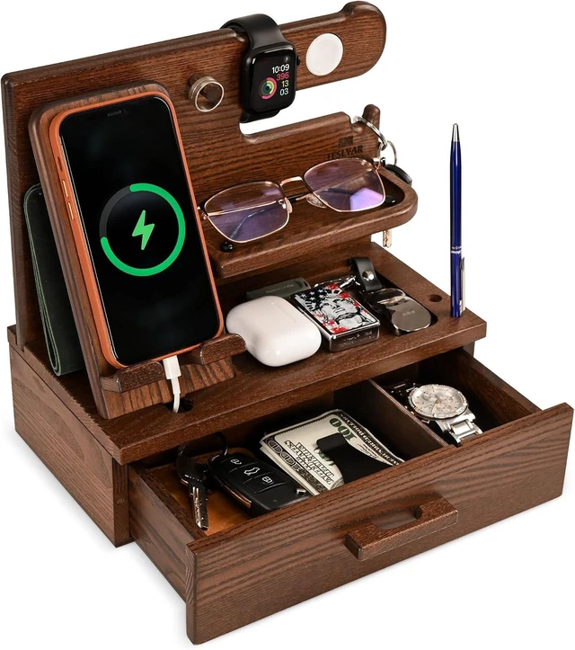Main image of Wood Phone Docking Station with Drawer - Nightstand Organizer - Desk Organizer for Husband - Birthday Gifts for Men, Dad, Anniversary Idea, Key Holder Stand Watch & Accessories (Bourbon Brown)