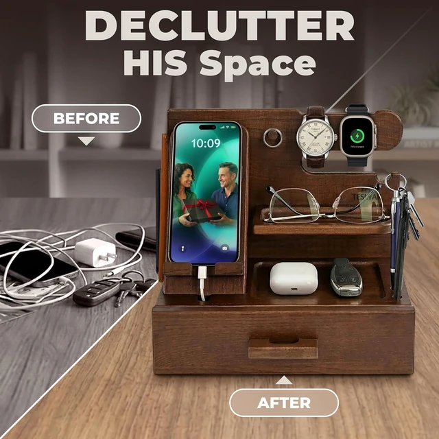 Alt view image 2 of 7 - Wood Phone Docking Station with Drawer - Nightstand Organizer - Desk Organizer for Husband - Birthday Gifts for Men, Dad, Anniversary Idea, Key Holder Stand Watch & Accessories (Bourbon Brown)