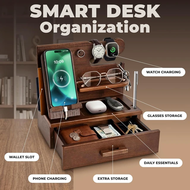 Alt view image 3 of 7 - Wood Phone Docking Station with Drawer - Nightstand Organizer - Desk Organizer for Husband - Birthday Gifts for Men, Dad, Anniversary Idea, Key Holder Stand Watch & Accessories (Bourbon Brown)