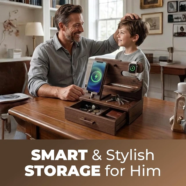 Alt view image 4 of 7 - Wood Phone Docking Station with Drawer - Nightstand Organizer - Desk Organizer for Husband - Birthday Gifts for Men, Dad, Anniversary Idea, Key Holder Stand Watch & Accessories (Bourbon Brown)