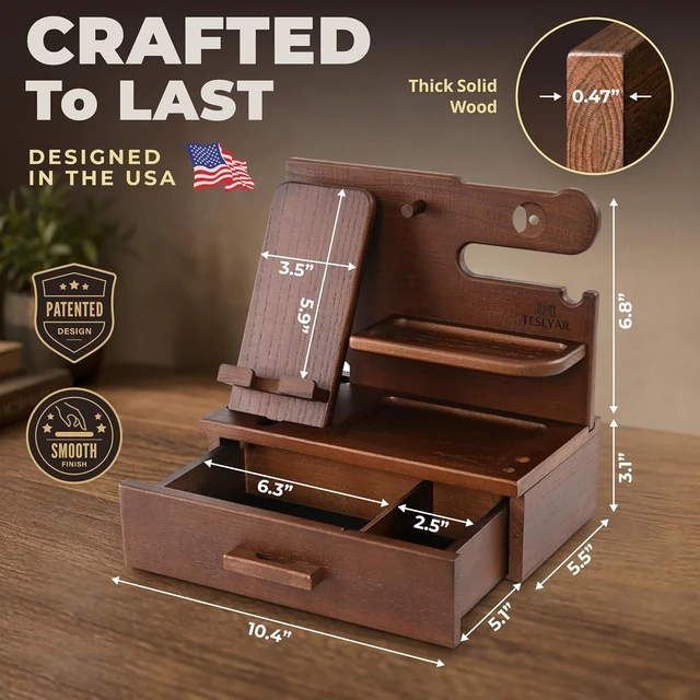 Alt view image 5 of 7 - Wood Phone Docking Station with Drawer - Nightstand Organizer - Desk Organizer for Husband - Birthday Gifts for Men, Dad, Anniversary Idea, Key Holder Stand Watch & Accessories (Bourbon Brown)