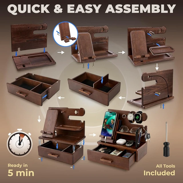 Alt view image 7 of 7 - Wood Phone Docking Station with Drawer - Nightstand Organizer - Desk Organizer for Husband - Birthday Gifts for Men, Dad, Anniversary Idea, Key Holder Stand Watch & Accessories (Bourbon Brown)