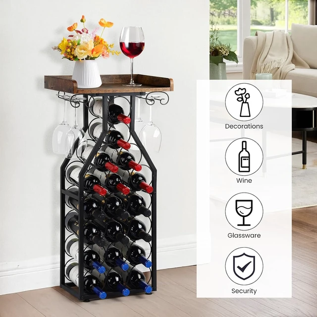 Alt view image 3 of 7 - Wine Rack Freestanding Floor, Table Wine Holder Stand Mini Bar Table Floor Wine Storage for Home Bar Kitchen Living Room with Glass Holder Wood Tabletop 19 Bottles