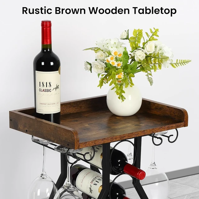 Alt view image 2 of 7 - Wine Rack Freestanding Floor, Table Wine Holder Stand Mini Bar Table Floor Wine Storage for Home Bar Kitchen Living Room with Glass Holder Wood Tabletop 19 Bottles