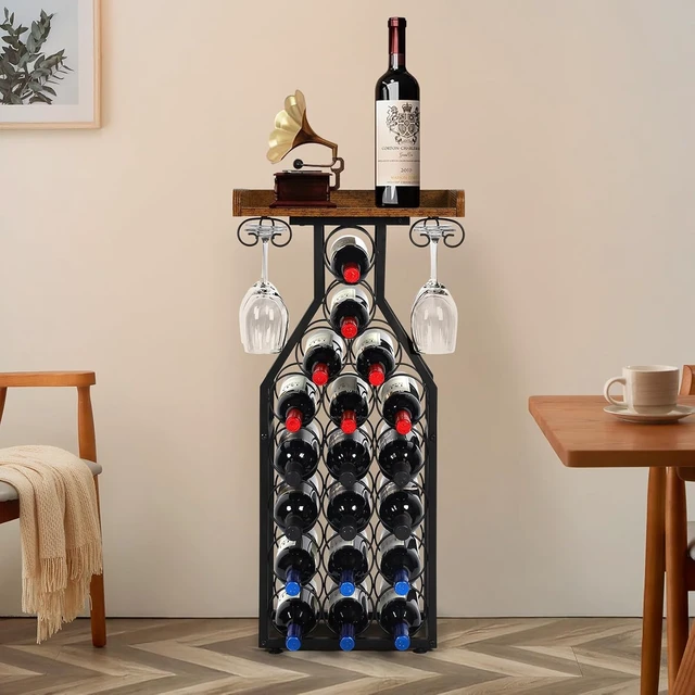 Alt view image 4 of 7 - Wine Rack Freestanding Floor, Table Wine Holder Stand Mini Bar Table Floor Wine Storage for Home Bar Kitchen Living Room with Glass Holder Wood Tabletop 19 Bottles