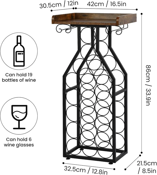Alt view image 7 of 7 - Wine Rack Freestanding Floor, Table Wine Holder Stand Mini Bar Table Floor Wine Storage for Home Bar Kitchen Living Room with Glass Holder Wood Tabletop 19 Bottles