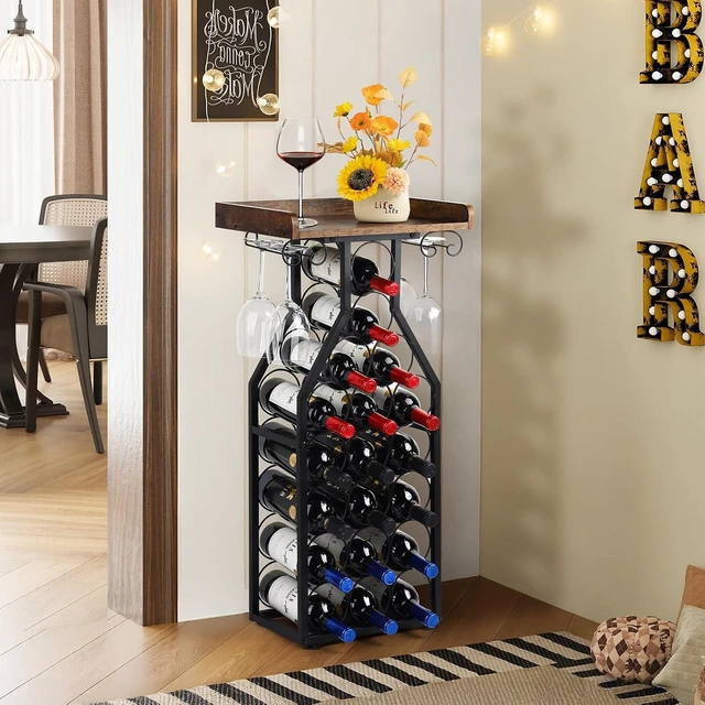 Alt view image 5 of 7 - Wine Rack Freestanding Floor, Table Wine Holder Stand Mini Bar Table Floor Wine Storage for Home Bar Kitchen Living Room with Glass Holder Wood Tabletop 19 Bottles