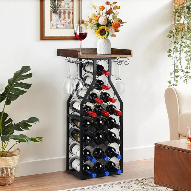 Alt view image 6 of 7 - Wine Rack Freestanding Floor, Table Wine Holder Stand Mini Bar Table Floor Wine Storage for Home Bar Kitchen Living Room with Glass Holder Wood Tabletop 19 Bottles