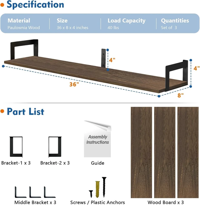 Alt view image 3 of 7 - Floating Shelves for Wall 36 Inches Long 8 Inch Deep, Large Wall Book Shelves for Bedroom, Rustic Wood Hanging Bookshelf for Living Room Office Kitchen Closet Organizers and Storage - Set of 3