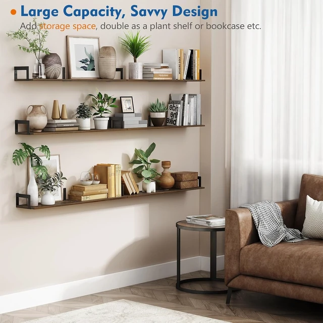 Alt view image 5 of 7 - Floating Shelves for Wall 36 Inches Long 8 Inch Deep, Large Wall Book Shelves for Bedroom, Rustic Wood Hanging Bookshelf for Living Room Office Kitchen Closet Organizers and Storage - Set of 3