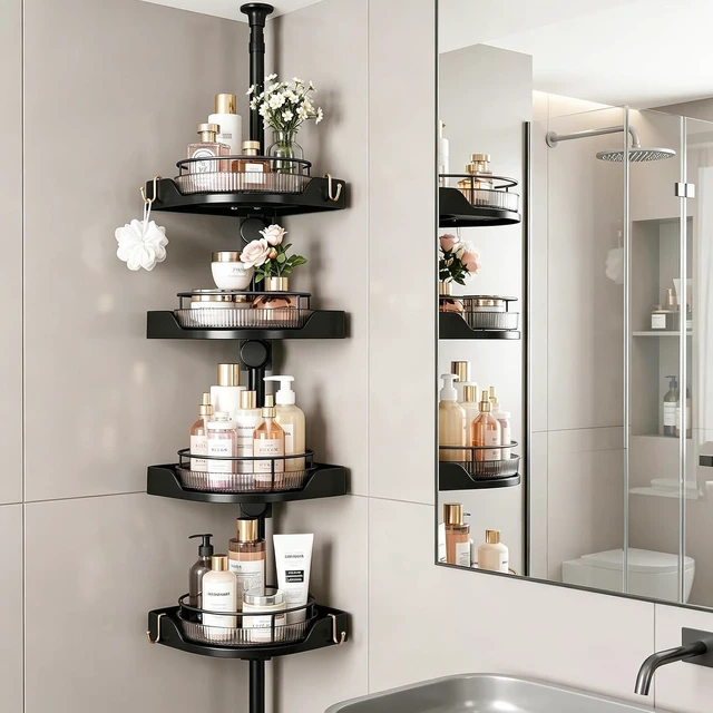 Main image of 360° Rotating Tension Pole Caddy 4-Tier Corner Shower Organizer, Height Adjustable 33"124", Space-Saving for Bathroom, Kitchen Counter, Cabinet Gaps & Bathtub (black)