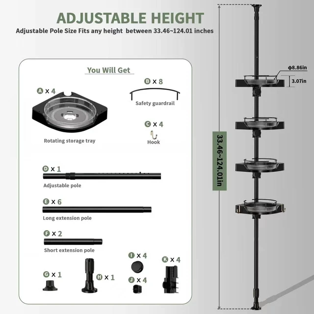 Alt view image 2 of 7 - 360° Rotating Tension Pole Caddy 4-Tier Corner Shower Organizer, Height Adjustable 33"124", Space-Saving for Bathroom, Kitchen Counter, Cabinet Gaps & Bathtub (black)