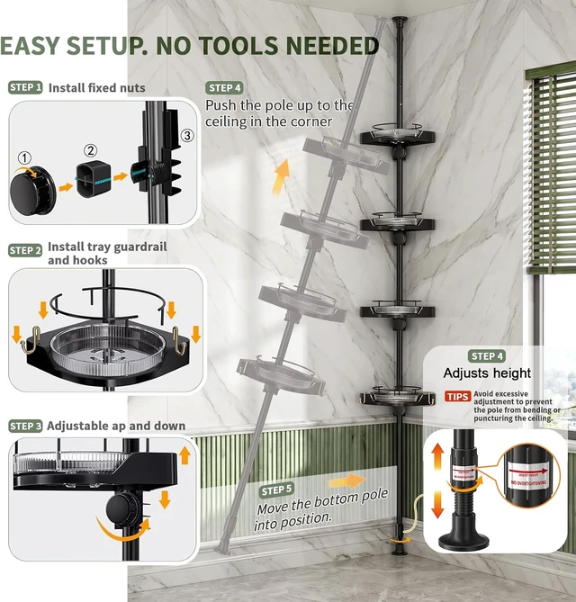 Alt view image 4 of 7 - 360° Rotating Tension Pole Caddy 4-Tier Corner Shower Organizer, Height Adjustable 33"124", Space-Saving for Bathroom, Kitchen Counter, Cabinet Gaps & Bathtub (black)