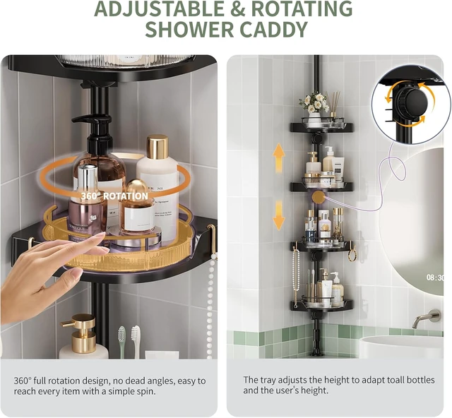 Alt view image 6 of 7 - 360° Rotating Tension Pole Caddy 4-Tier Corner Shower Organizer, Height Adjustable 33"124", Space-Saving for Bathroom, Kitchen Counter, Cabinet Gaps & Bathtub (black)