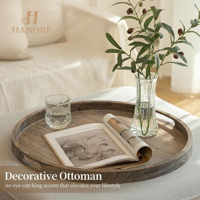 Alt view image 2 of 7 - Wood Decorative Ottoman Tray for Living Room with Handles, 22"