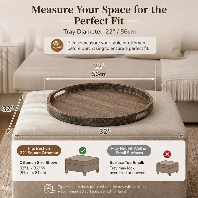 Alt view image 3 of 7 - Wood Decorative Ottoman Tray for Living Room with Handles, 22"