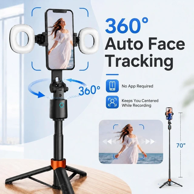 Alt view image 2 of 7 - 70" Auto Face Tracking Tripod with Light, 360° Smart Phone Stand with Remote, Selfie Stick for iPhone Android, No App Needed, Video Recording Vlogging Live Streaming