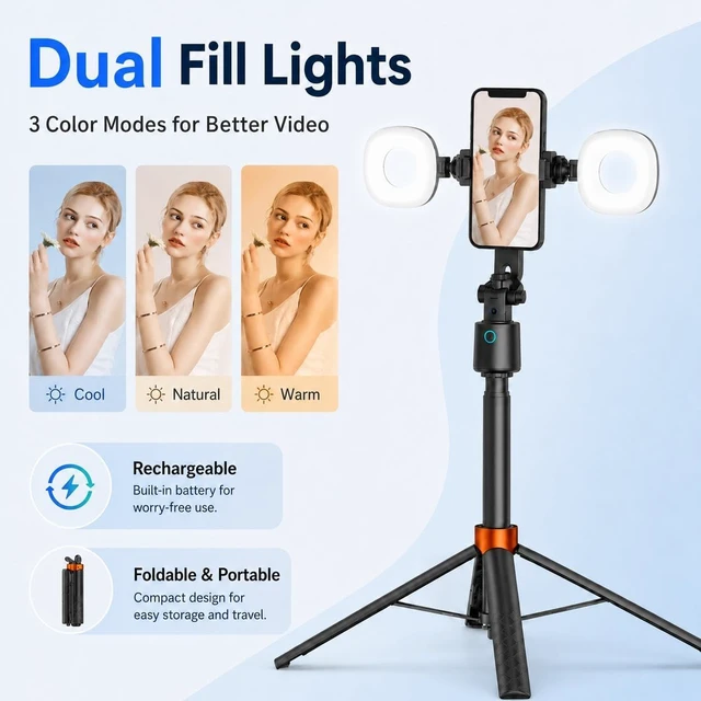 Alt view image 3 of 7 - 70" Auto Face Tracking Tripod with Light, 360° Smart Phone Stand with Remote, Selfie Stick for iPhone Android, No App Needed, Video Recording Vlogging Live Streaming