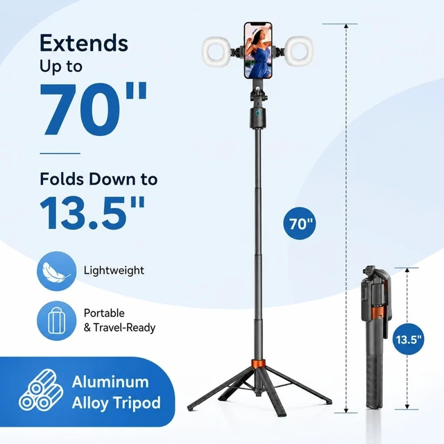 Alt view image 4 of 7 - 70" Auto Face Tracking Tripod with Light, 360° Smart Phone Stand with Remote, Selfie Stick for iPhone Android, No App Needed, Video Recording Vlogging Live Streaming