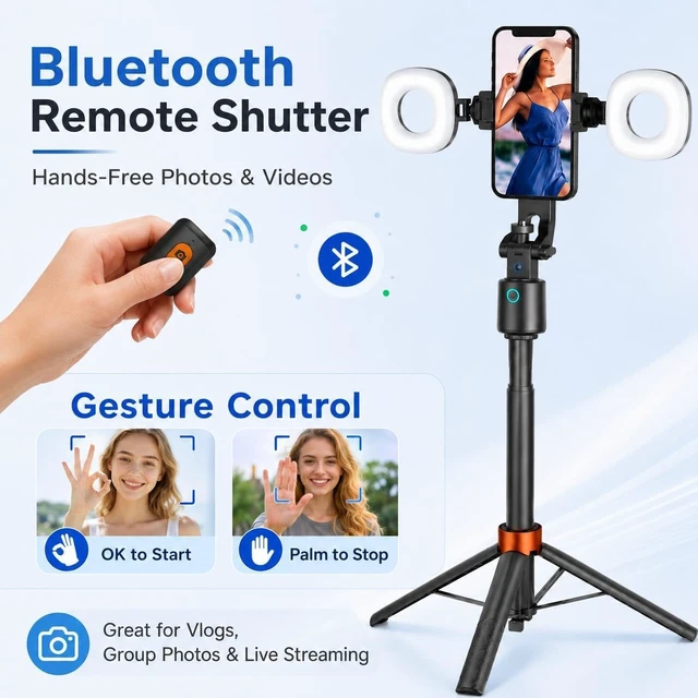 Alt view image 5 of 7 - 70" Auto Face Tracking Tripod with Light, 360° Smart Phone Stand with Remote, Selfie Stick for iPhone Android, No App Needed, Video Recording Vlogging Live Streaming