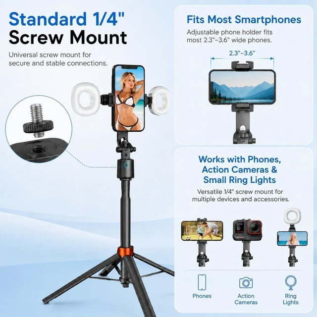 Alt view image 6 of 7 - 70" Auto Face Tracking Tripod with Light, 360° Smart Phone Stand with Remote, Selfie Stick for iPhone Android, No App Needed, Video Recording Vlogging Live Streaming