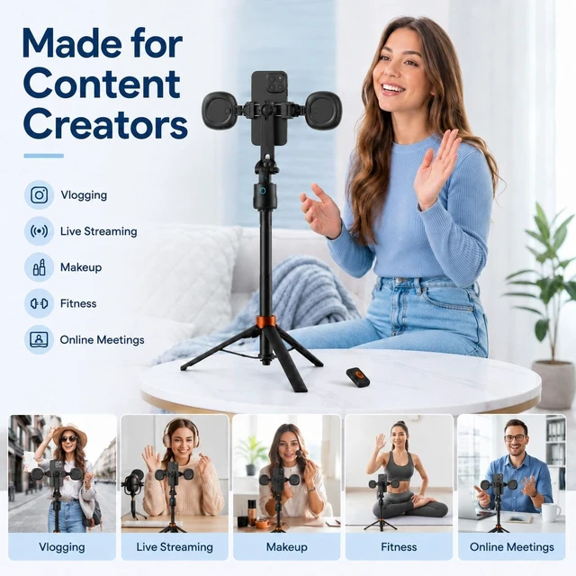 Alt view image 7 of 7 - 70" Auto Face Tracking Tripod with Light, 360° Smart Phone Stand with Remote, Selfie Stick for iPhone Android, No App Needed, Video Recording Vlogging Live Streaming