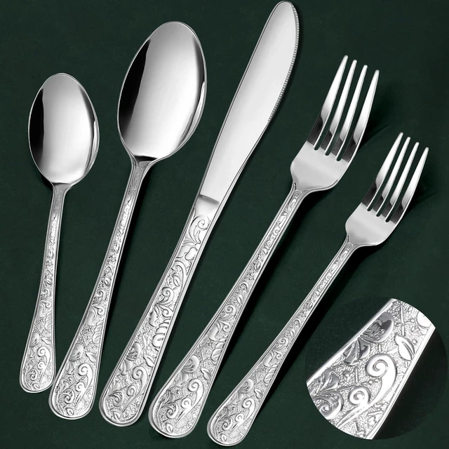 Main image of 60-Piece Vintage Carved Silverware Set for 12, Stainless Steel Flatware Set with Knife/Fork/Spoon, Cutlery Set for Home and Kitchen, Utensil Set with Dishwasher Safe