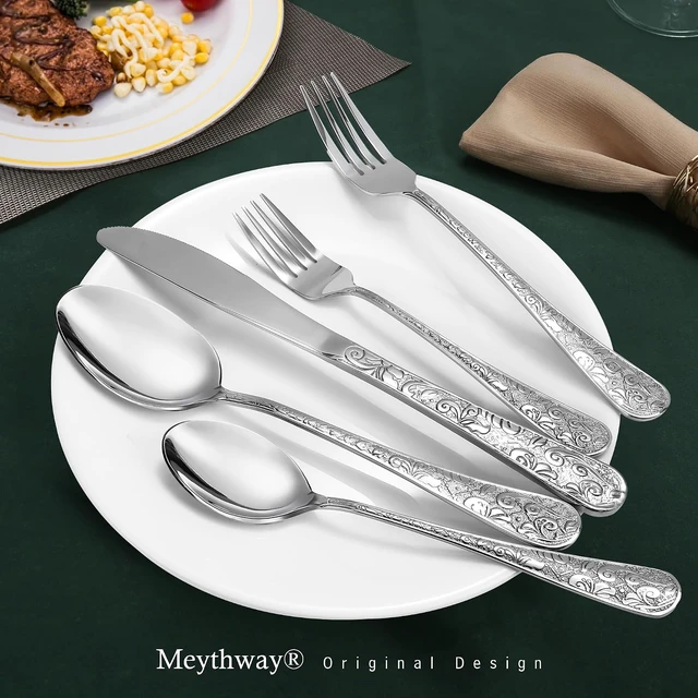 Alt view image 2 of 7 - 60-Piece Vintage Carved Silverware Set for 12, Stainless Steel Flatware Set with Knife/Fork/Spoon, Cutlery Set for Home and Kitchen, Utensil Set with Dishwasher Safe