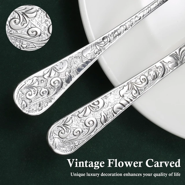 Alt view image 3 of 7 - 60-Piece Vintage Carved Silverware Set for 12, Stainless Steel Flatware Set with Knife/Fork/Spoon, Cutlery Set for Home and Kitchen, Utensil Set with Dishwasher Safe