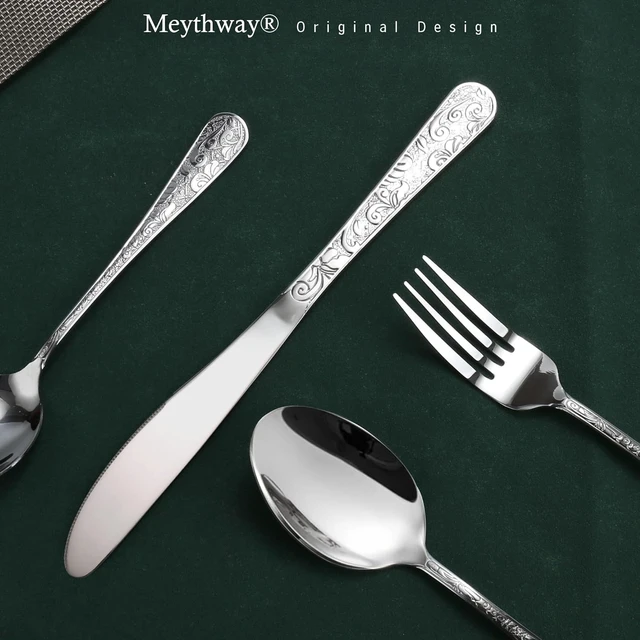 Alt view image 5 of 7 - 60-Piece Vintage Carved Silverware Set for 12, Stainless Steel Flatware Set with Knife/Fork/Spoon, Cutlery Set for Home and Kitchen, Utensil Set with Dishwasher Safe