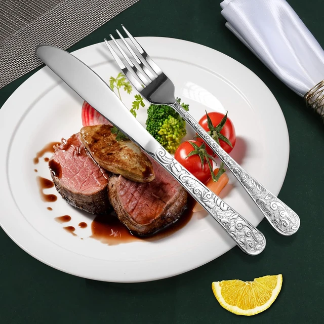 Alt view image 7 of 7 - 60-Piece Vintage Carved Silverware Set for 12, Stainless Steel Flatware Set with Knife/Fork/Spoon, Cutlery Set for Home and Kitchen, Utensil Set with Dishwasher Safe
