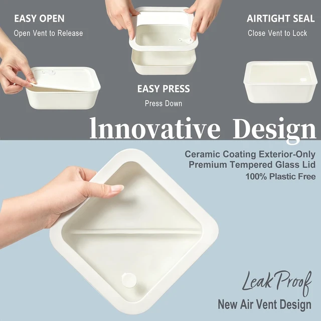 Alt view image 3 of 7 - Ceramic Coated Glass Food Storage Container with Airtight Glass Lid, Large Rectangle Meal Prep Container, 48oz, Microwave and Oven Safe Non-Toxic Lunch Box, Cream color