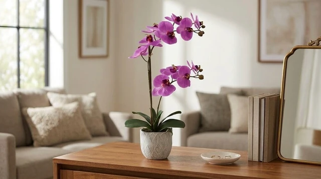 Alt view image 3 of 7 - Artificial Orchid Arrangement, 22 Inch Faux Orchid in Cement Pot, Lifelike Fake Orchid Plant for Home Decor, Low-Maintenance Plastic Orchid Bouquet for Living Room, Bedroom, or Office