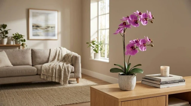 Alt view image 4 of 7 - Artificial Orchid Arrangement, 22 Inch Faux Orchid in Cement Pot, Lifelike Fake Orchid Plant for Home Decor, Low-Maintenance Plastic Orchid Bouquet for Living Room, Bedroom, or Office