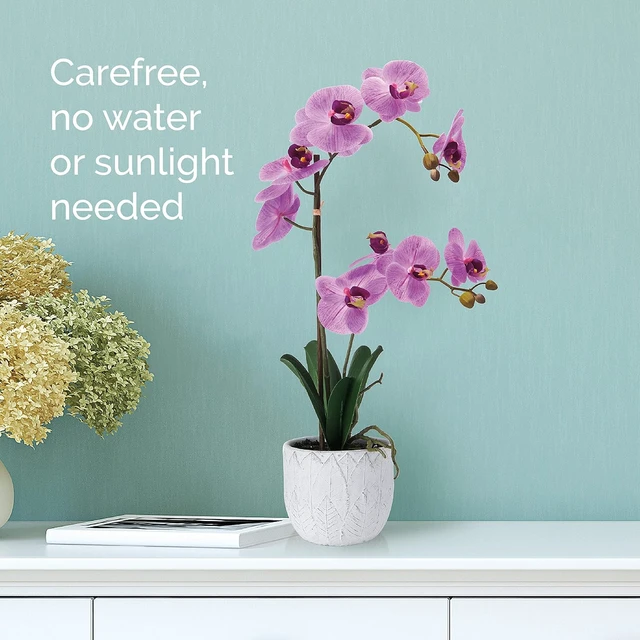 Alt view image 6 of 7 - Artificial Orchid Arrangement, 22 Inch Faux Orchid in Cement Pot, Lifelike Fake Orchid Plant for Home Decor, Low-Maintenance Plastic Orchid Bouquet for Living Room, Bedroom, or Office