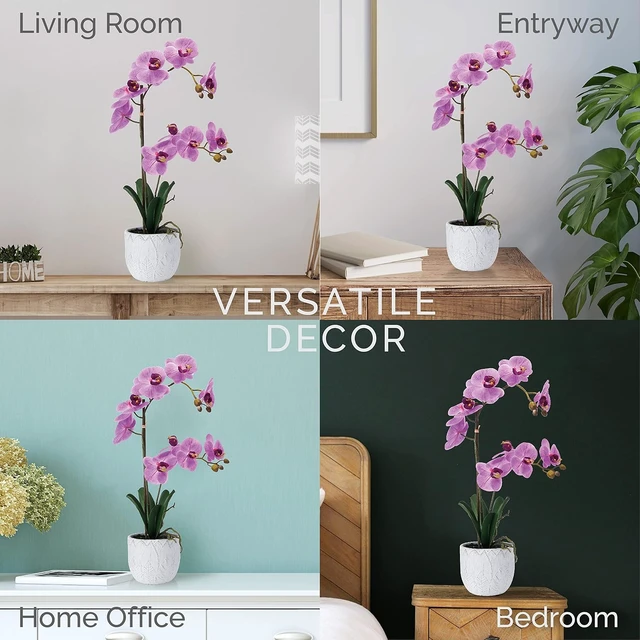 Alt view image 7 of 7 - Artificial Orchid Arrangement, 22 Inch Faux Orchid in Cement Pot, Lifelike Fake Orchid Plant for Home Decor, Low-Maintenance Plastic Orchid Bouquet for Living Room, Bedroom, or Office