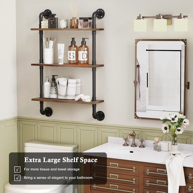 Alt view image 5 of 6 - 3 Tier Rustic Floating Shelves Industrial Pipe Floating Shelf