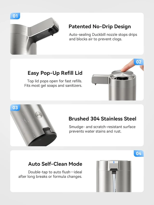 Alt view image 6 of 7 - Touchless Automatic Soap Dispenser Clog-Free Pump, 0.2s Fast Sensor, USB-C Rechargeable, Smudge-Resistant Stainless Steel, for Kitchen & Bathroom Soap Dispenser