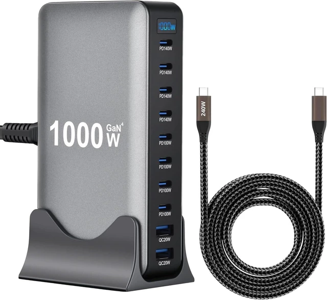 Main image of Famous Tech Shop 1000W GaN 10-Port USB-C Charging Station with 240W Cable, Fast Desktop Charger for Laptops, Tablets, Phones, Gaming Consoles