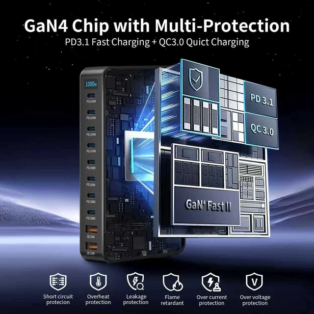 Alt view image 2 of 5 - Famous Tech Shop 1000W GaN 10-Port USB-C Charging Station with 240W Cable, Fast Desktop Charger for Laptops, Tablets, Phones, Gaming Consoles