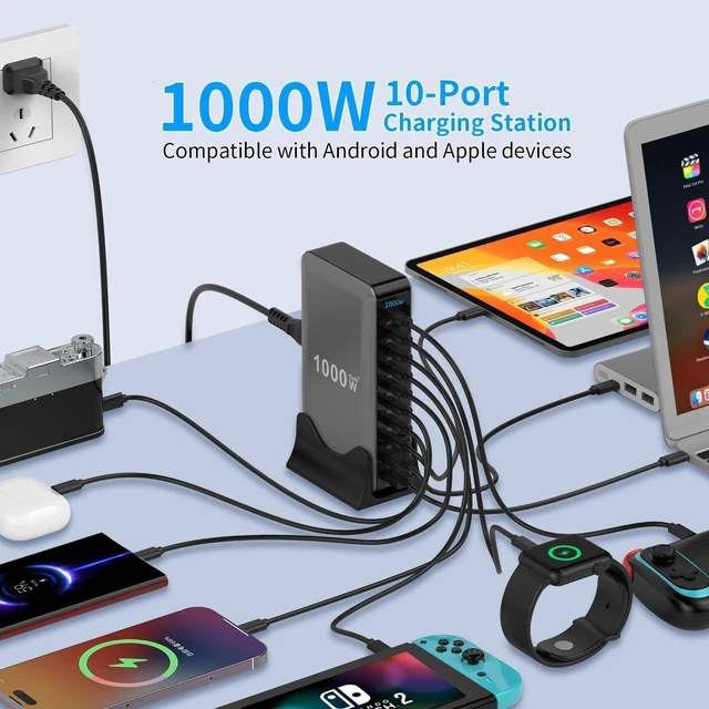 Alt view image 3 of 5 - Famous Tech Shop 1000W GaN 10-Port USB-C Charging Station with 240W Cable, Fast Desktop Charger for Laptops, Tablets, Phones, Gaming Consoles